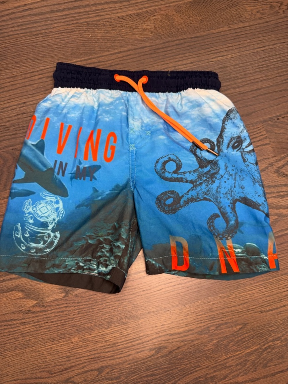 Kids Blue Ocean-Print Swim Shorts with Orange Drawstring